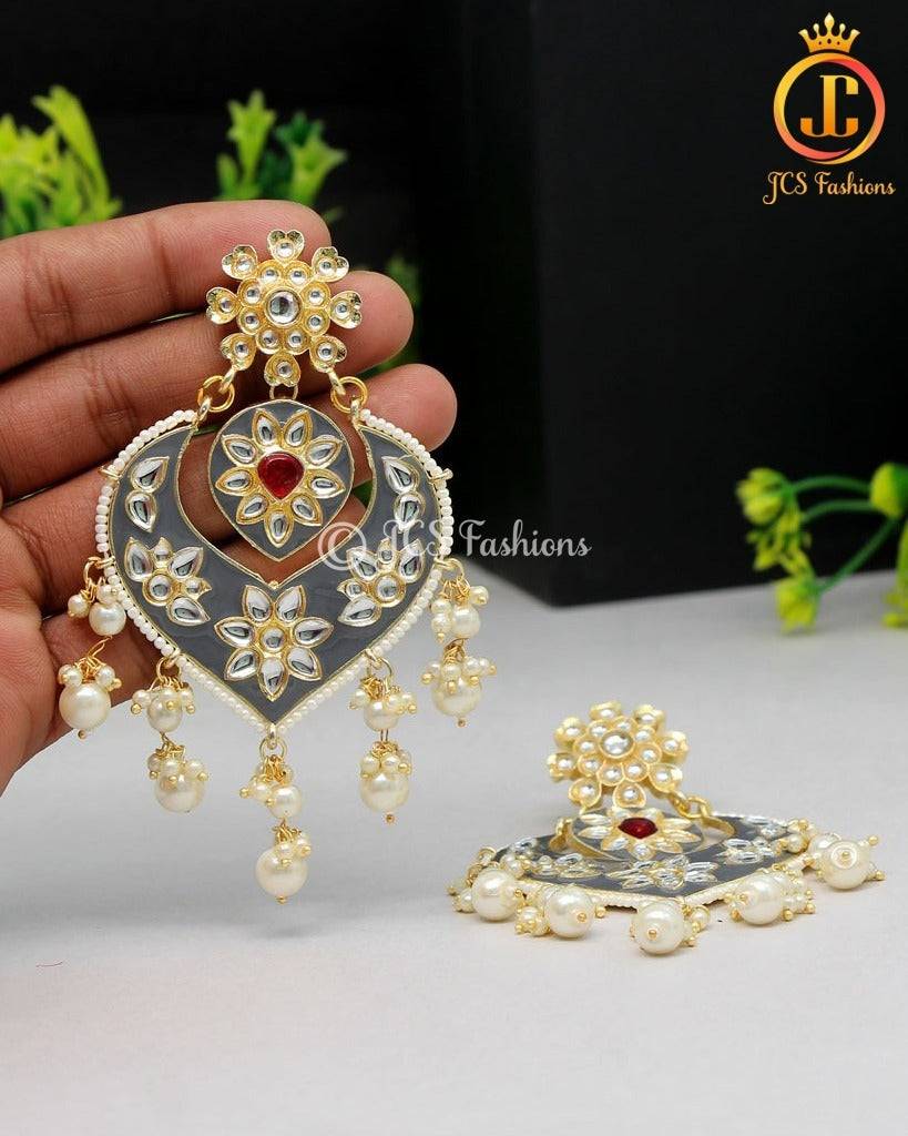 Chic Grey Meenakari Earrings | Alloy Gold Plated, Kundan & Beads Stones