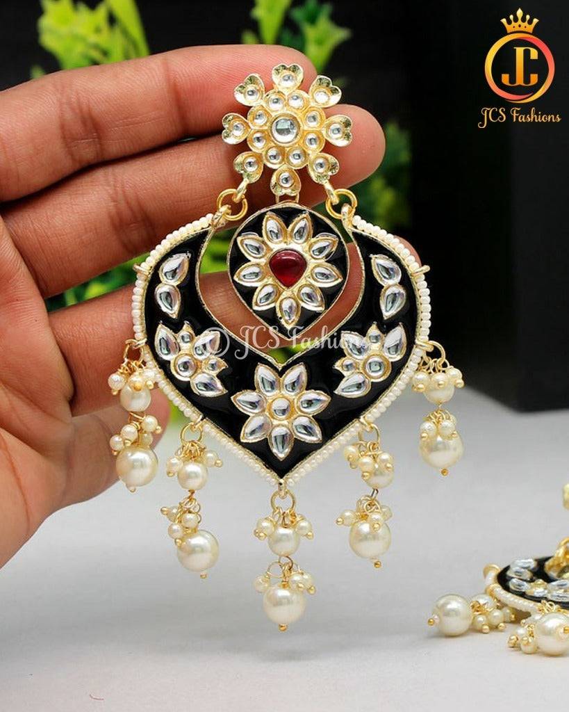 Black Meenakari Earrings | Alloy Gold Plated, Kundan and Beads Stones Jewelry JCS Fashions Black 3.9 inch