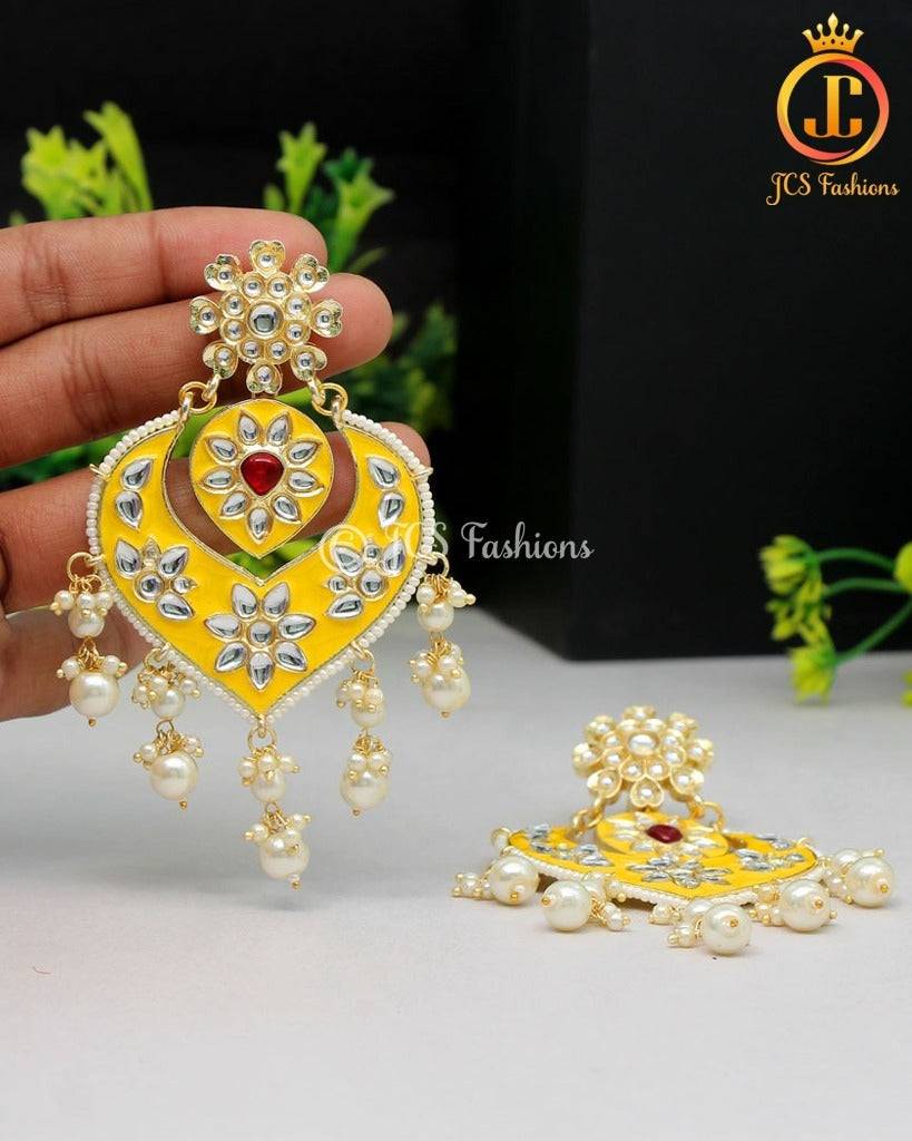 Sunny Yellow Meenakari Earrings | Alloy Gold Plated, Kundan & Beads Stones Jewelry JCS Fashions Yellow 3.9 inch