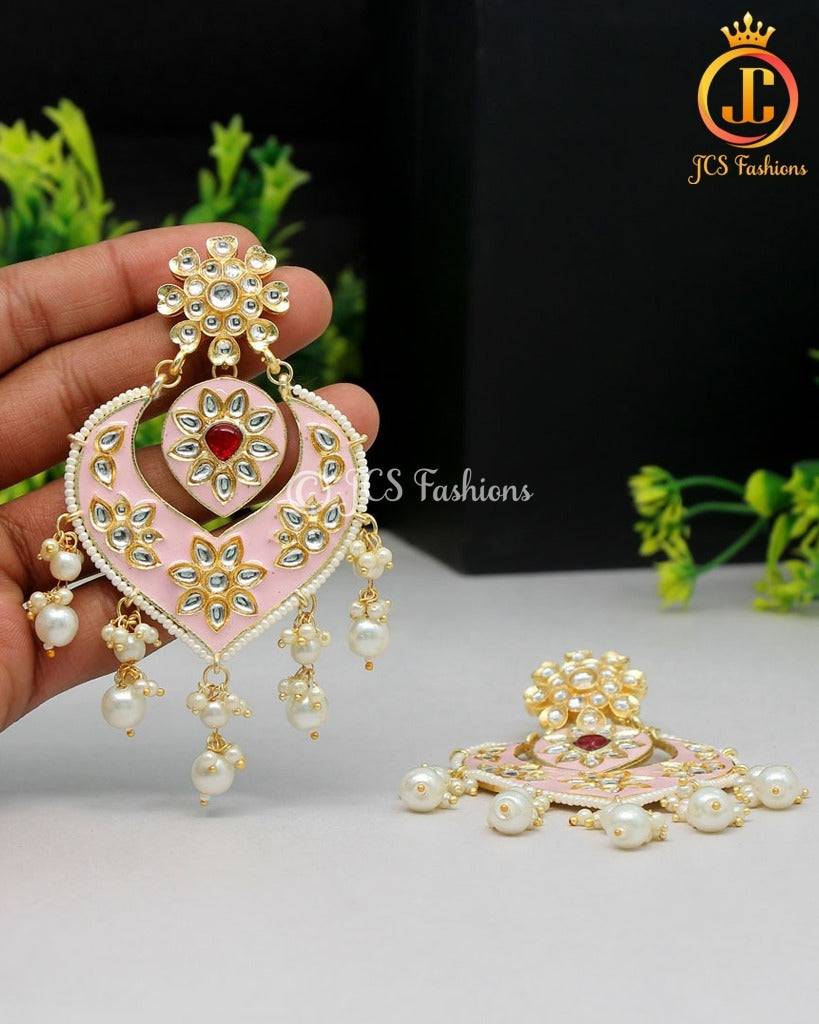 Chic Baby Pink Meenakari Earrings | Gold Plated Alloy with Kundan Stones Jewelry JCS Fashions Baby Pink 3.9 inch