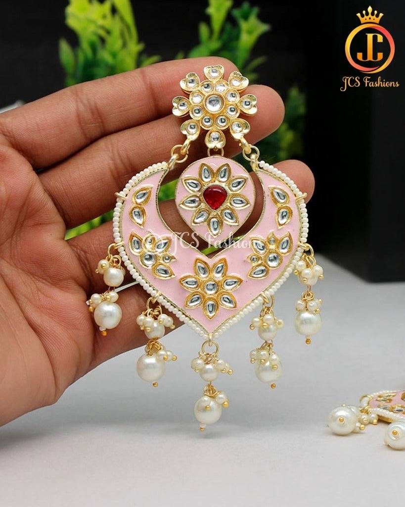 Chic Baby Pink Meenakari Earrings | Gold Plated Alloy with Kundan Stones Jewelry JCS Fashions