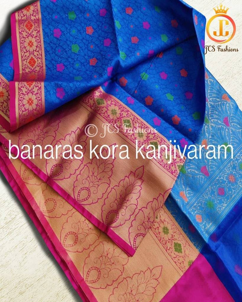 Banaras Kora Organza Saree with Grand Kanjivaram Border | No Blouse Saree JCS Fashions