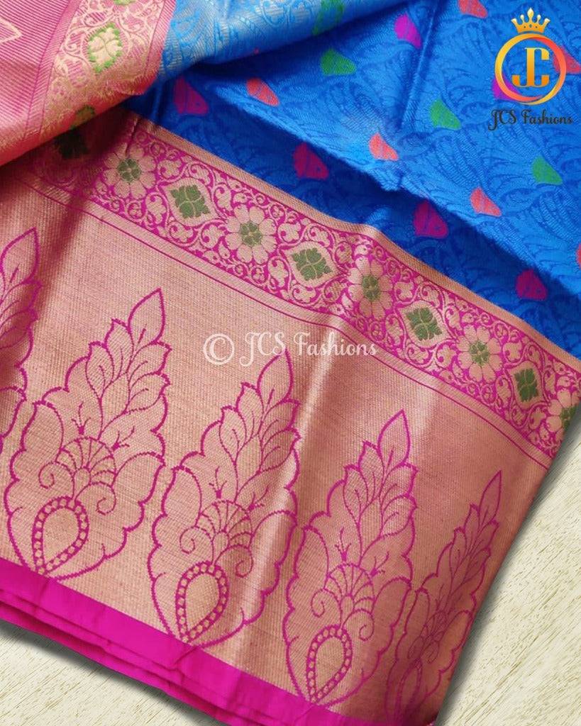 Banaras Kora Organza Saree with Grand Kanjivaram Border | No Blouse Saree JCS Fashions Blue 5.5 meters