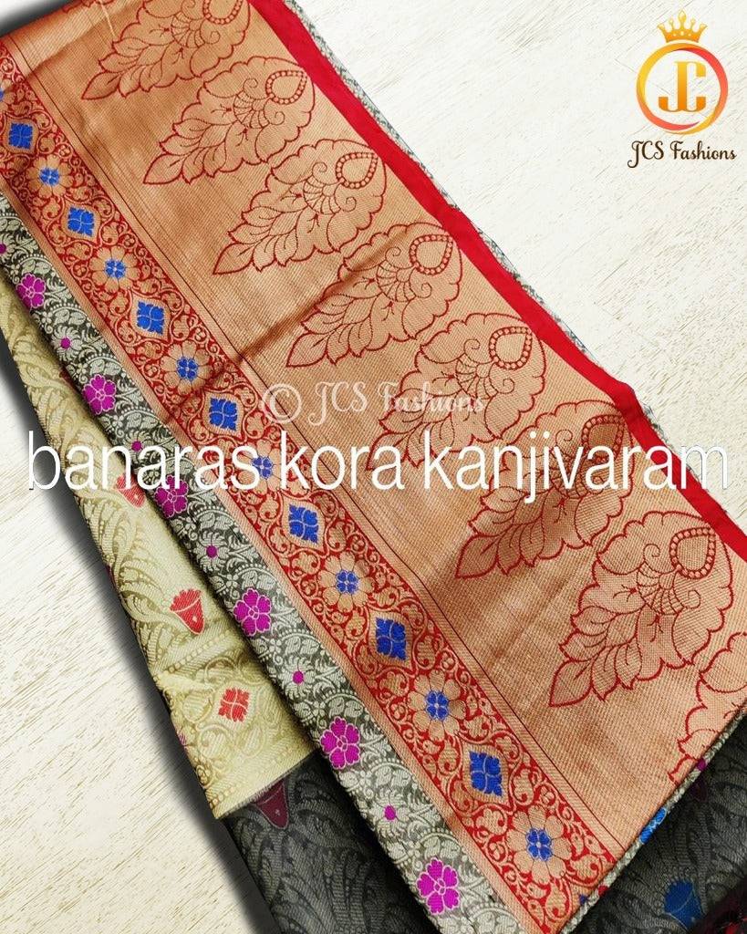 Banaras Kora Organza Saree with Kanjivaram Border |No Blouse Saree JCS Fashions Grey 5.5 meters