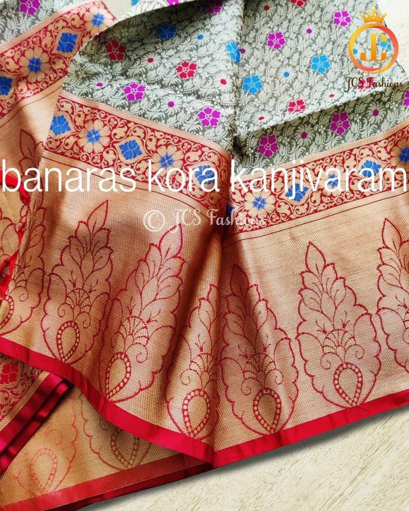 Banaras Kora Organza Saree with Kanjivaram Border |No Blouse