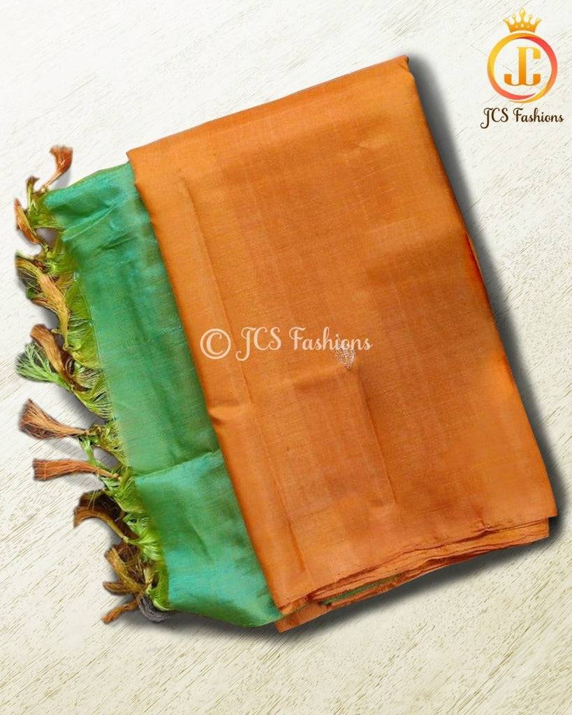 Handloom Borderless Banana Pith Saree in Orange & Green