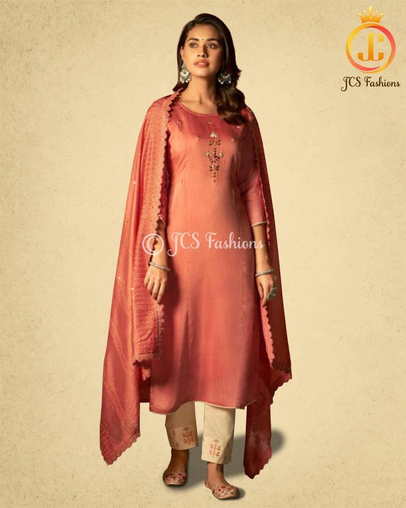 Fancy hand work 3 piece Salwar suit in Peach Kurti JCS Fashions