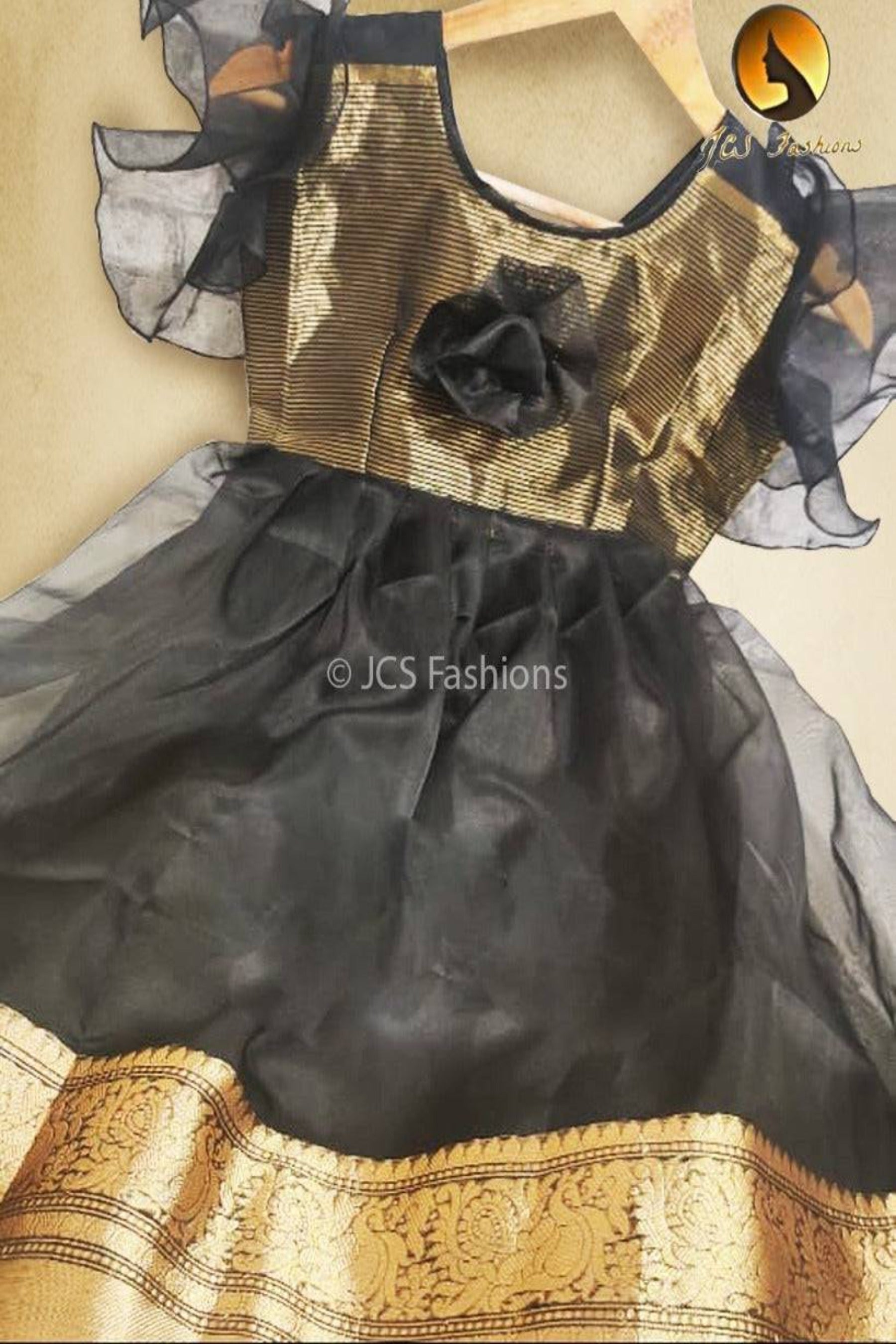 Regal Elegance: Tradition Floor-Length Frock in Light Weight Pure Organza Kids JCS Fashions Black 32