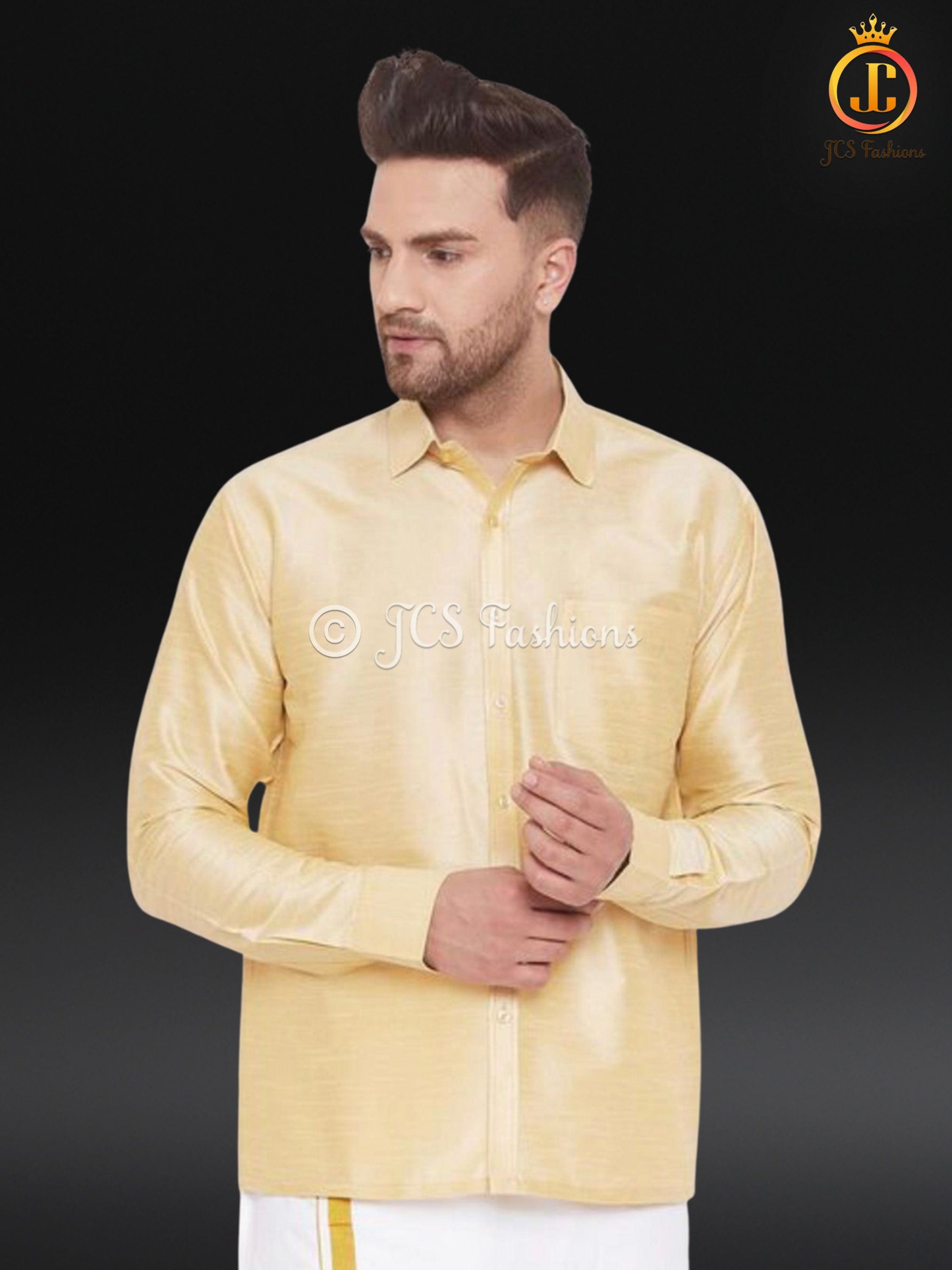 Men's Gold Silk Blend Ethnic Shirt. Veshti Shirt, Indian Traditional Shirt MEN JCS Fashions