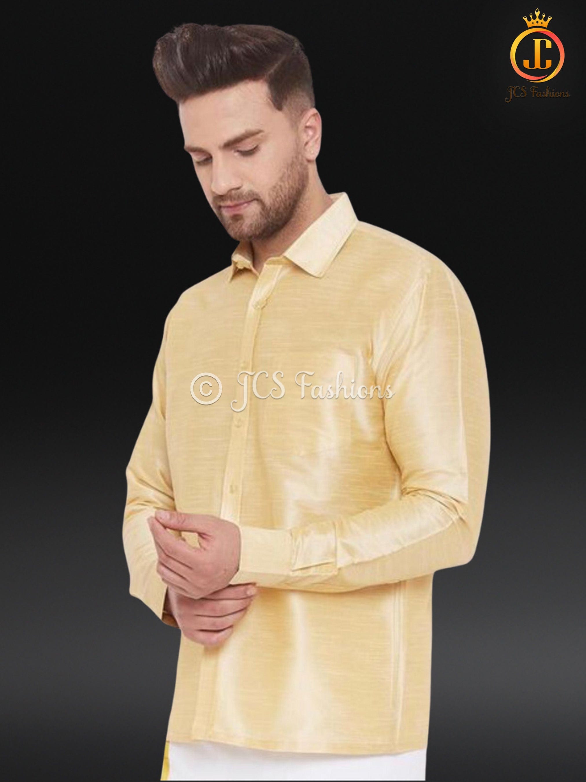 Men's Gold Silk Blend Ethnic Shirt. Veshti Shirt, Indian Traditional Shirt MEN JCS Fashions Gold Medium