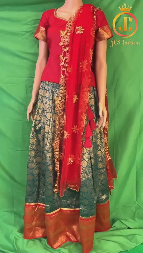 Banarasi Lehenga with Crop Top | Pavadi for Teens | half saree| Bottle Green LEHANGA JCS Fashions