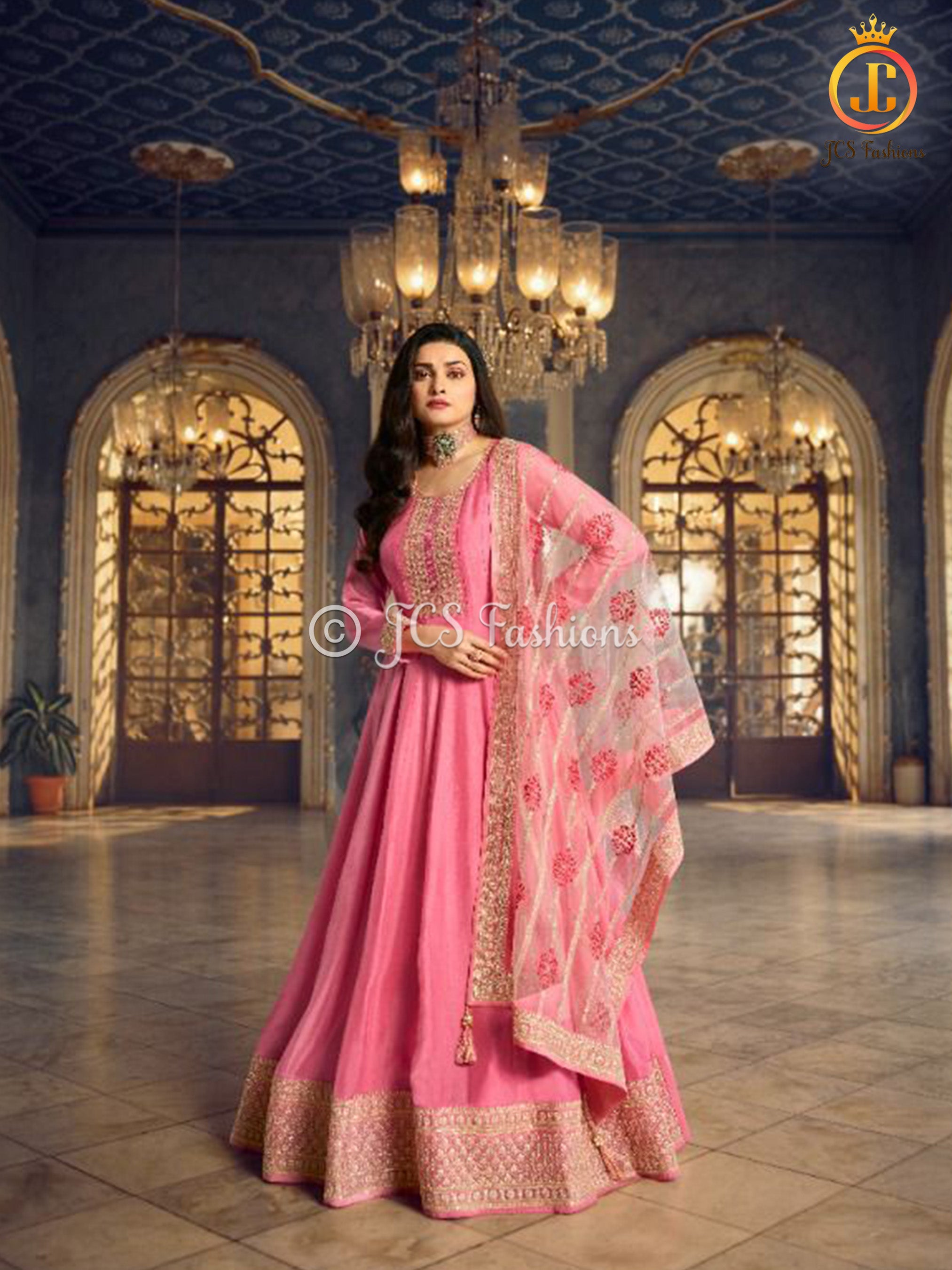 Stunning Dola Silk A-line Floor Length Gown in Pretty Pink KURTI JCS Fashions Pink Small (36)