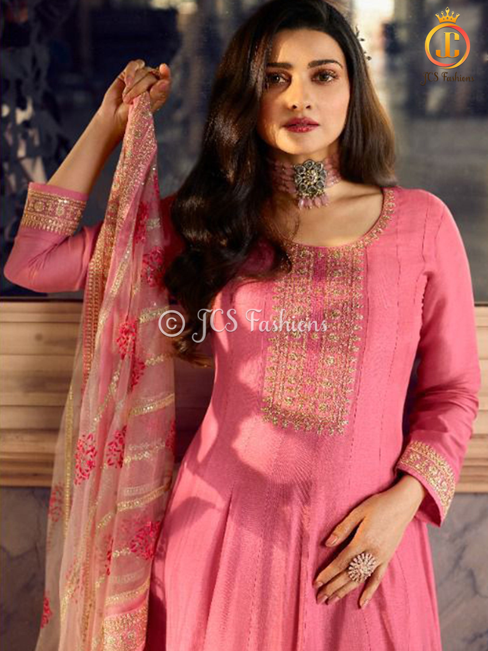 Stunning Dola Silk A-line Floor Length Gown in Pretty Pink KURTI JCS Fashions