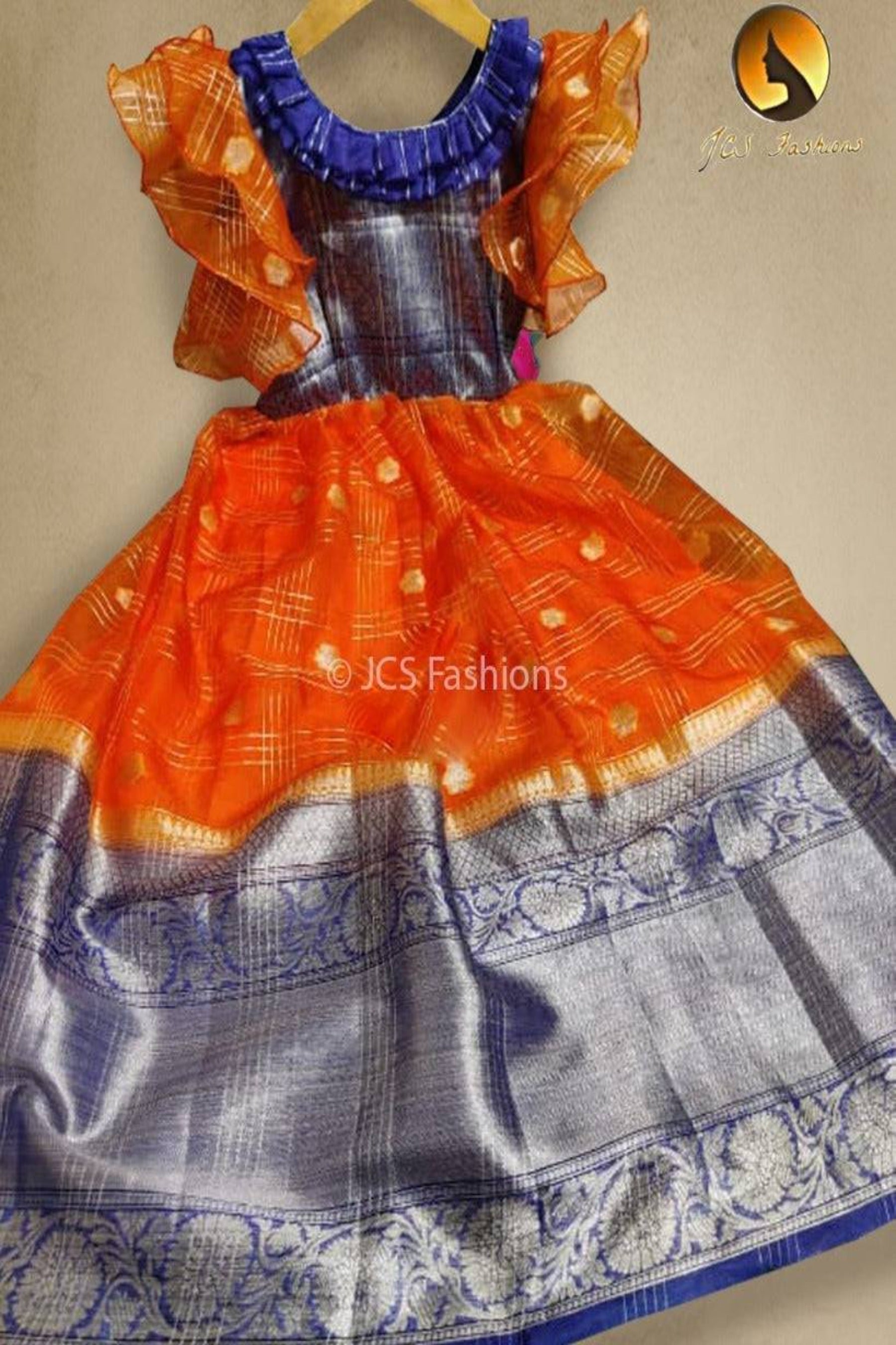 Regal Elegance: Tradition Floor-Length Frock in Light Weight Pure Organza Kids JCS Fashions Orange& Blue 32