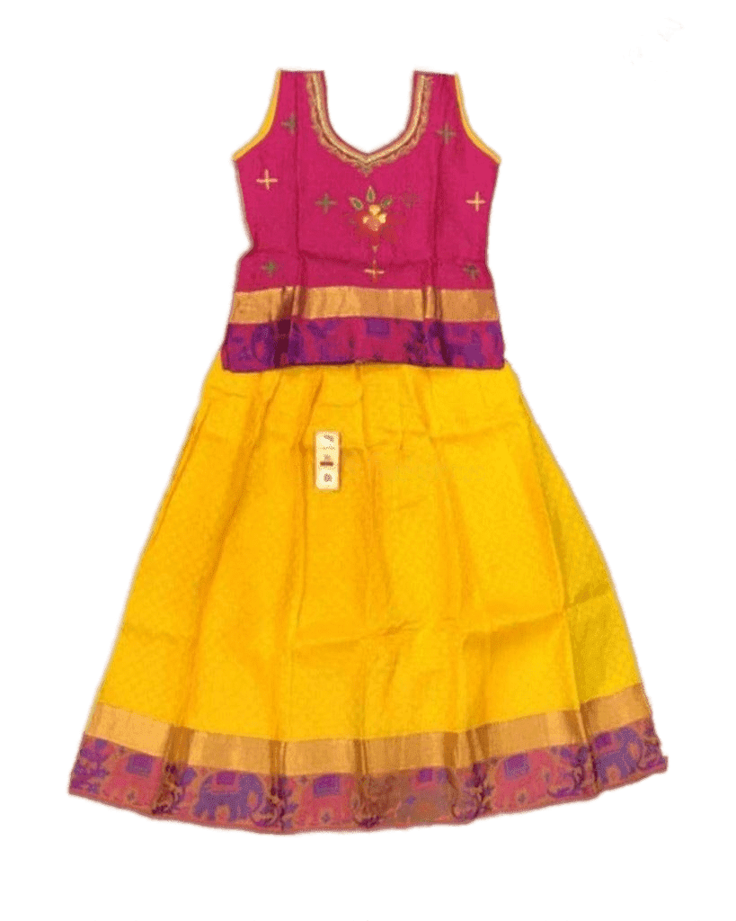 Pure Silk Pattu Paavadai Set | Kids Lehanga Kids JCS Fashions Yellow + Pink 10 Yrs