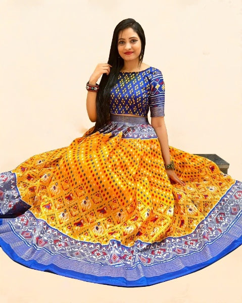 Patola Printed Designer Lehenga With Crop Top LEHANGA JCS Fashions Yellow Small (36)