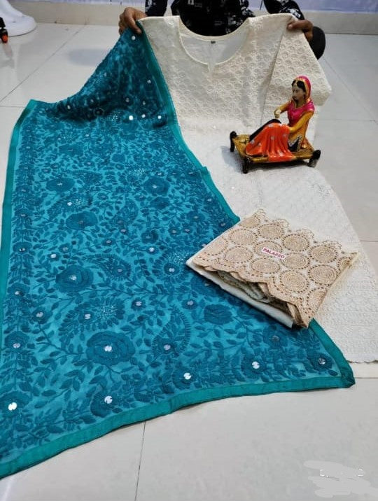 Beautiful Chikankari work Kurti With Palazzo pants and Stole KURTI JCS Fashions Blue Medium (38)