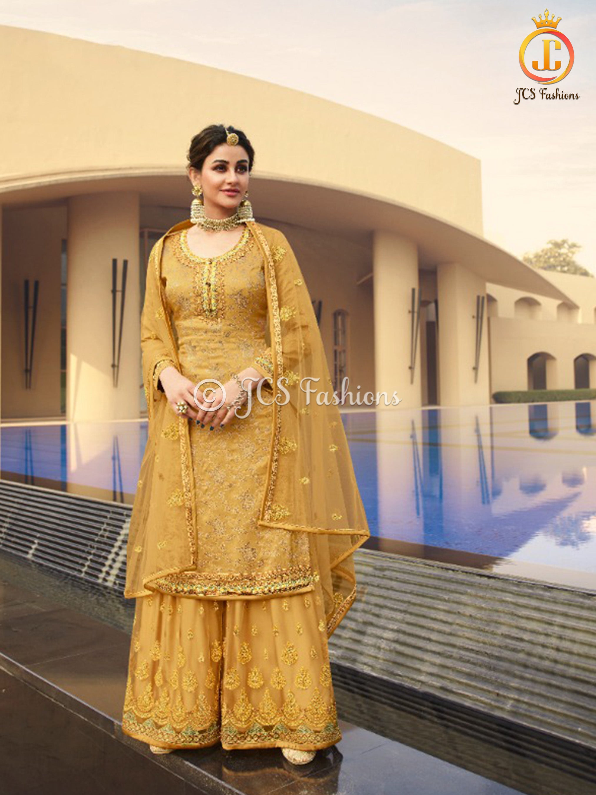 Sharara Suit With Intricate Stone and Embroidery work in Yellow KURTI JCS Fashions Yellow Medium (38)