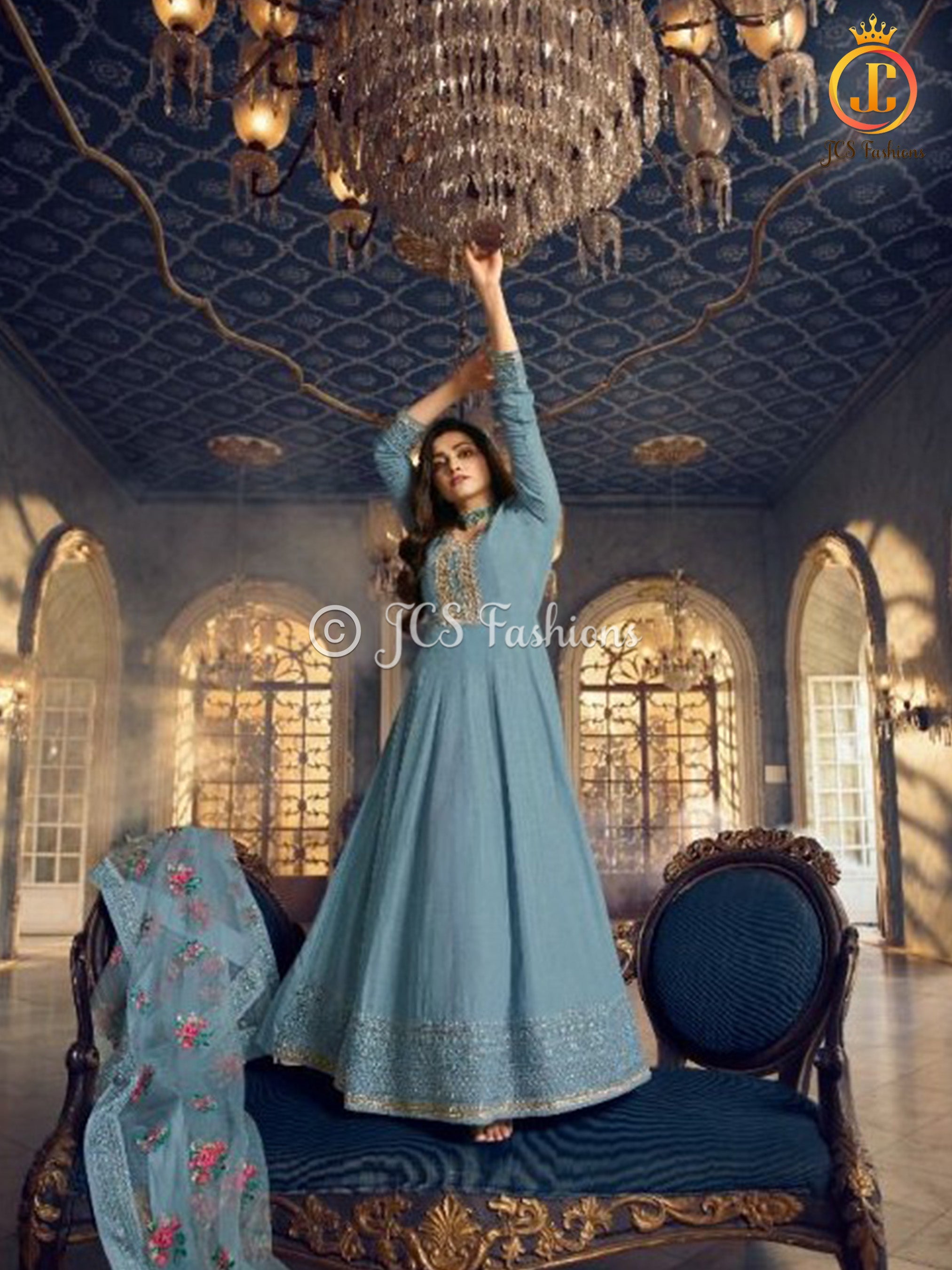 Stunning Dola Silk A-line Floor Length Gown in Bluish Grey KURTI JCS Fashions Bluish Grey Small (36)